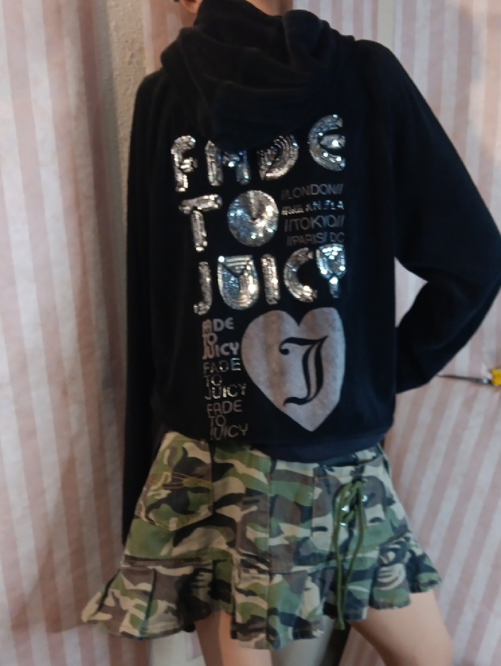 Juicy Couture Black Sequin Graphic Zip Up Jacket w/ Hoodie